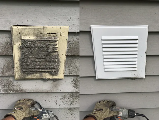 Greenwich Dryer Vent Cleaning technician installing high-quality dryer vent cover at a residential property in Greenwich