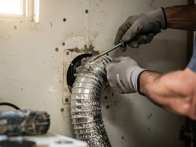 Greenwich Dryer Vent Cleaning technician performing precise dryer vent hose installation in Greenwich